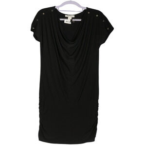 WHBM Tunic Blouse Women Small Black Studded Shoulders Slinky Drape Neck Ruched